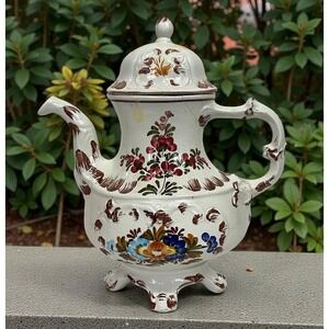 Vintage Bassano Italy Footed Coffee Pot Teapot Hand Painted Floral Pottery Italy
